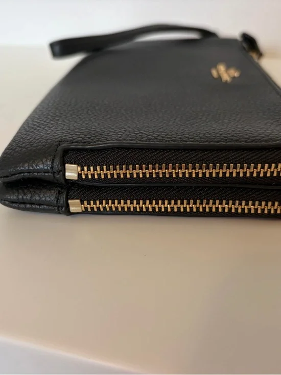 Coach Black Pebbled Leather Zip Wristlet with Gold Logo - Picture 6 of 16